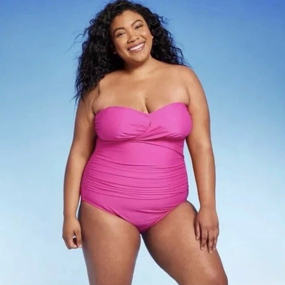Kona Sol Bandeau Plus 24 Pink Strapless Women's Swimsuit Tummy Control Full Seat
